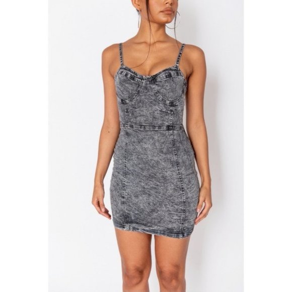 Gray Acid Wash Denim Jeans Sleeveless Bodycon Mini Dress - Picture 9 of 11